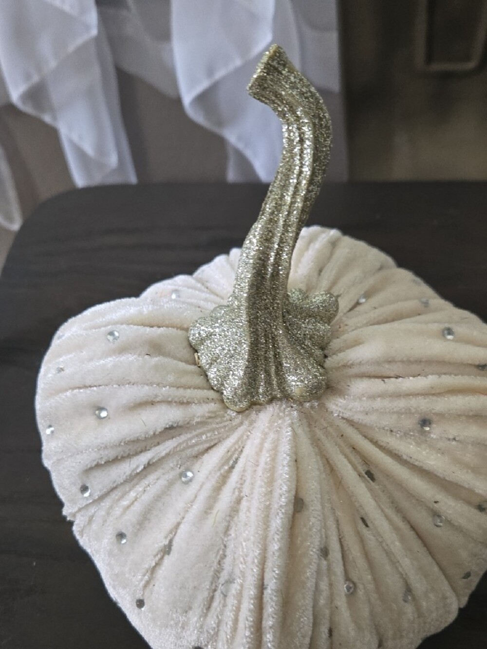 Velvet Cream Decorative Pumpkin with Glitter Stem - Picture 3 of 6